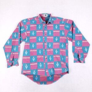 Vintage 80s Zeppelin Shirt M Geometric‎ Pattern Pink Blue Retro Button Up Taiwan